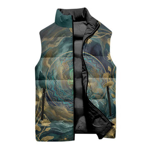 Egyptian Hapi Sleeveless Puffer Jacket God of the Nile Ankh Symbol Lotus Flowers and Sacred River Energy