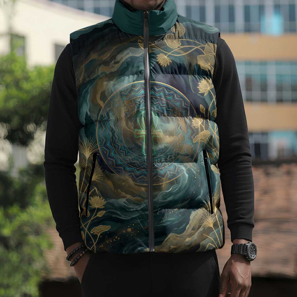 Egyptian Hapi Sleeveless Puffer Jacket God of the Nile Ankh Symbol Lotus Flowers and Sacred River Energy