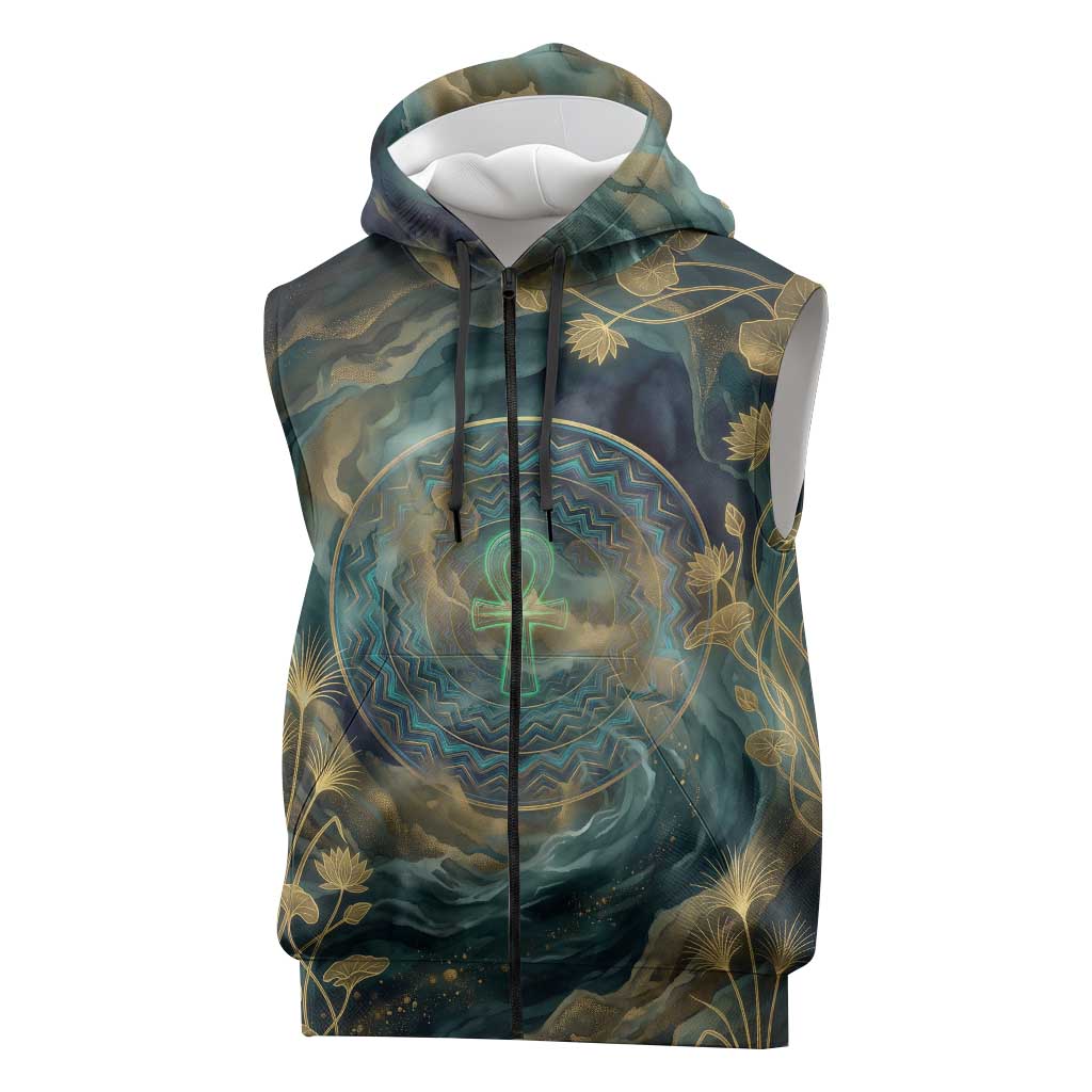 Egyptian Hapi Sleeveless Zip Hoodie God of the Nile Ankh Symbol Lotus Flowers and Sacred River Energy