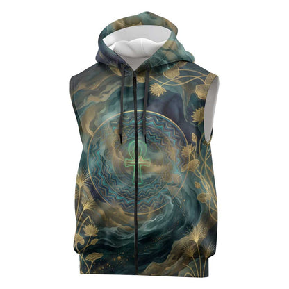 Egyptian Hapi Sleeveless Zip Hoodie God of the Nile Ankh Symbol Lotus Flowers and Sacred River Energy
