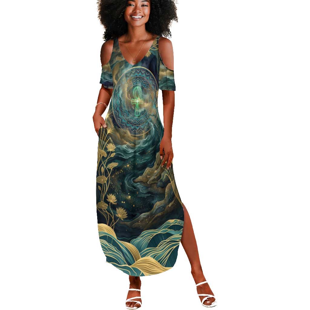 Egyptian Hapi Summer Maxi Dress God of the Nile Ankh Symbol Lotus Flowers and Sacred River Energy