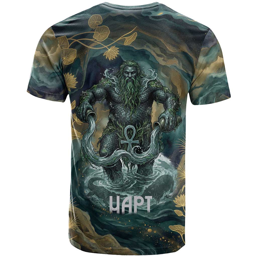 Egyptian Hapi T shirt God of the Nile Ankh Symbol Lotus Flowers and Sacred River Energy