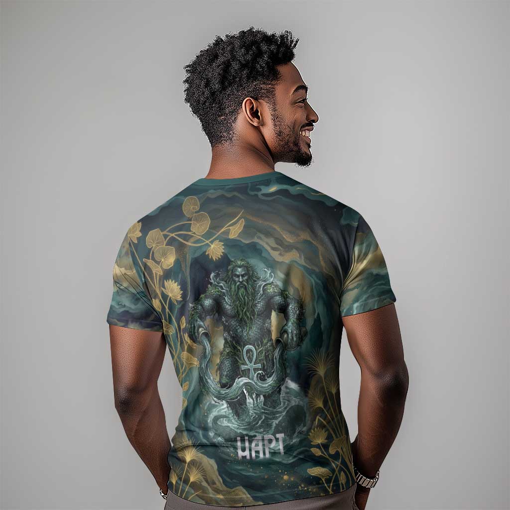 Egyptian Hapi T shirt God of the Nile Ankh Symbol Lotus Flowers and Sacred River Energy