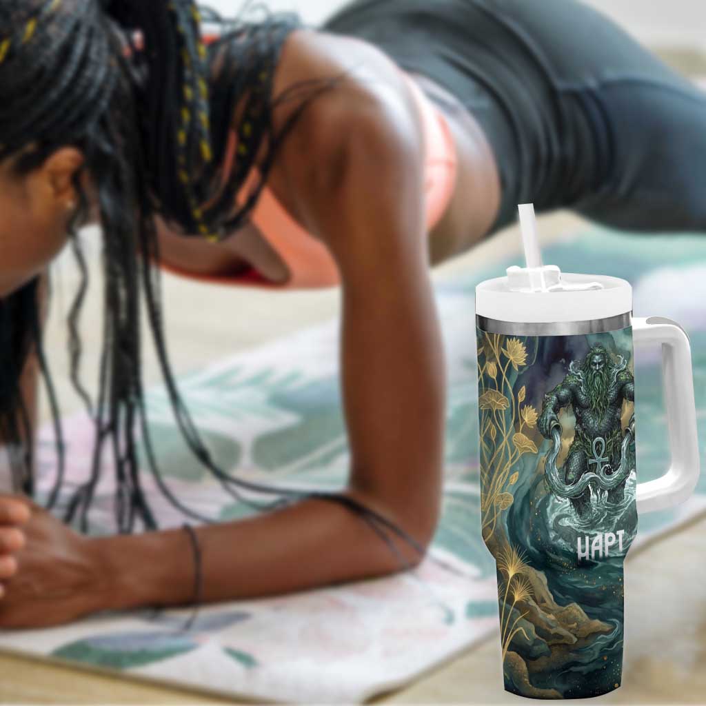 Egyptian Hapi Tumbler With Handle God of the Nile Ankh Symbol Lotus Flowers and Sacred River Energy