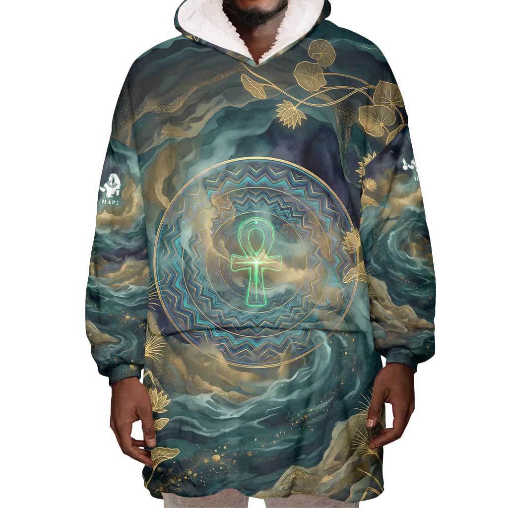 Egyptian Hapi Wearable Blanket Hoodie God of the Nile Ankh Symbol Lotus Flowers and Sacred River Energy