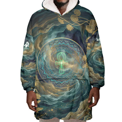 Egyptian Hapi Wearable Blanket Hoodie God of the Nile Ankh Symbol Lotus Flowers and Sacred River Energy