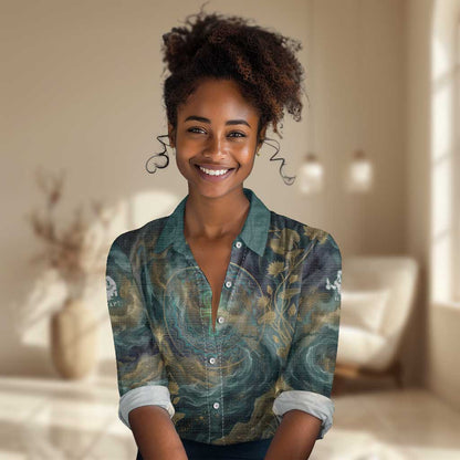 Egyptian Hapi Women Casual Shirt God of the Nile Ankh Symbol Lotus Flowers and Sacred River Energy