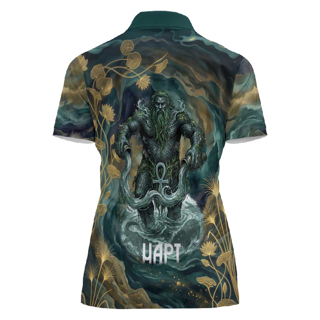 Egyptian Hapi Women Polo Shirt God of the Nile Ankh Symbol Lotus Flowers and Sacred River Energy