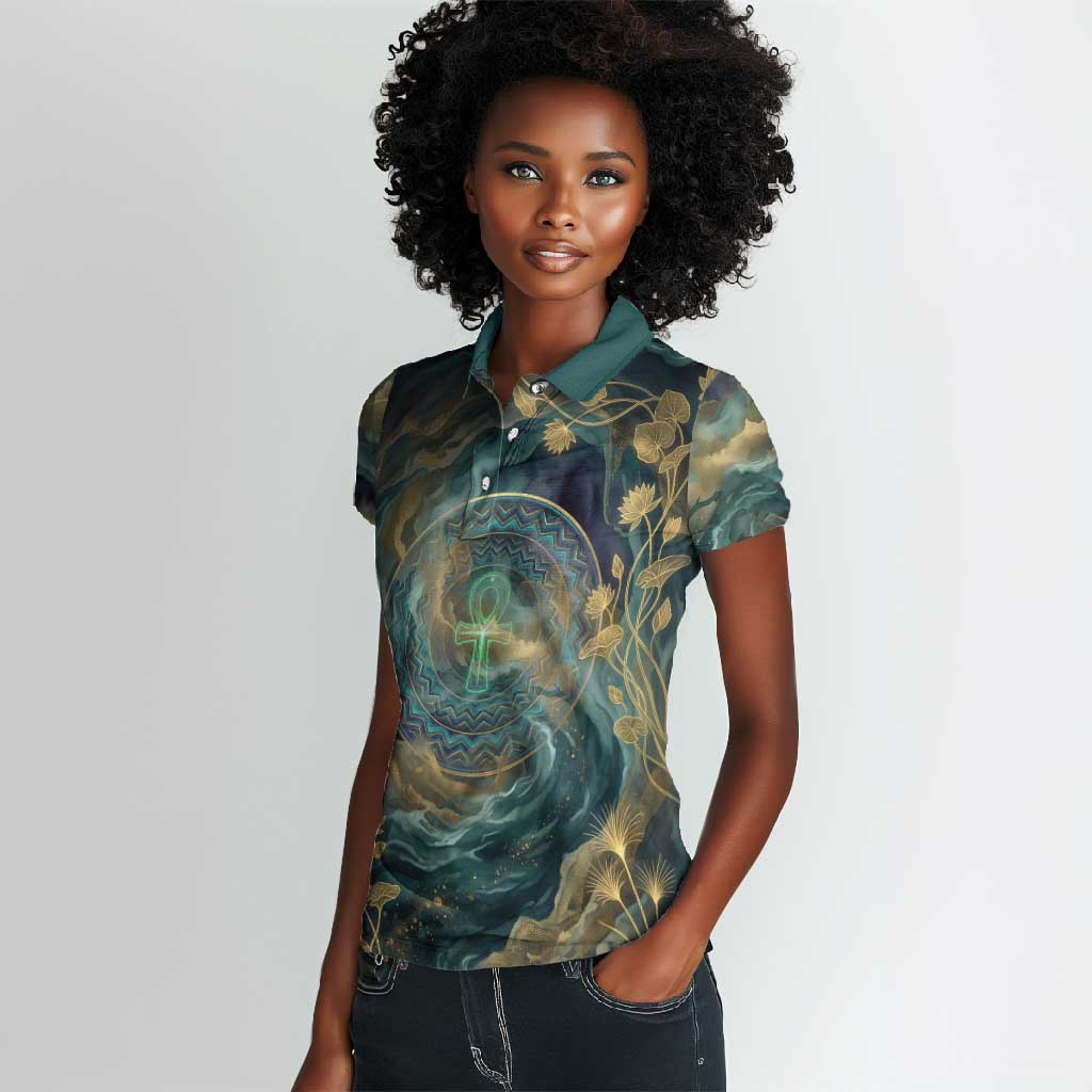 Egyptian Hapi Women Polo Shirt God of the Nile Ankh Symbol Lotus Flowers and Sacred River Energy