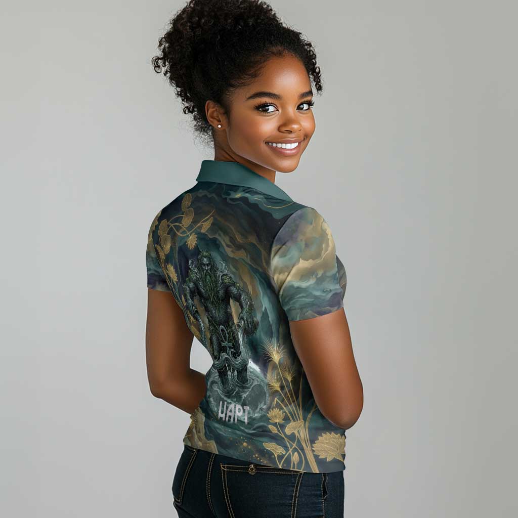Egyptian Hapi Women Polo Shirt God of the Nile Ankh Symbol Lotus Flowers and Sacred River Energy