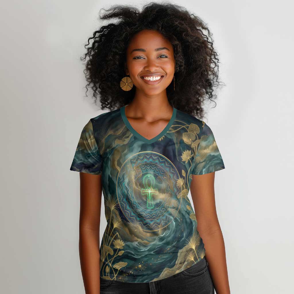 Egyptian Hapi Women V-Neck T-Shirt God of the Nile Ankh Symbol Lotus ...