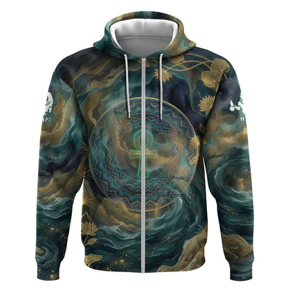 Egyptian Hapi Zip Hoodie God of the Nile Ankh Symbol Lotus Flowers and Sacred River Energy