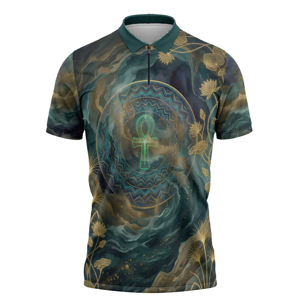 Egyptian Hapi Zipper Polo Shirt God of the Nile Ankh Symbol Lotus Flowers and Sacred River Energy