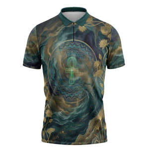 Egyptian Hapi Zipper Polo Shirt God of the Nile Ankh Symbol Lotus Flowers and Sacred River Energy