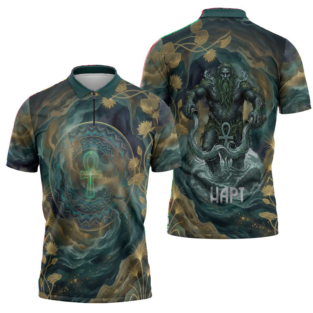 Egyptian Hapi Zipper Polo Shirt God of the Nile Ankh Symbol Lotus Flowers and Sacred River Energy