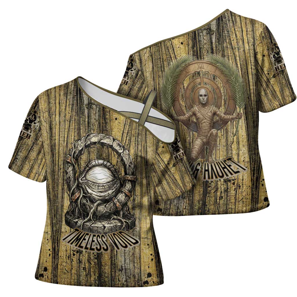 Heh and Hauhet Egyptian Cross Shoulder Shirt Timeless Gods Design Infinity Serpent and Divine Balance Ancient