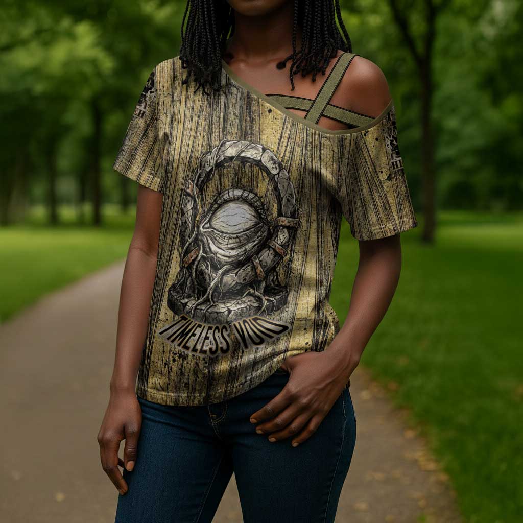 Heh and Hauhet Egyptian Cross Shoulder Shirt Timeless Gods Design Infinity Serpent and Divine Balance Ancient