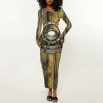 Heh and Hauhet Egyptian Long Sleeve Bodycon Dress Timeless Gods Design Infinity Serpent and Divine Balance Ancient