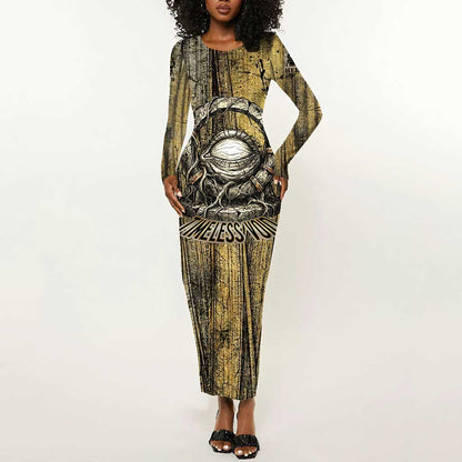 Heh and Hauhet Egyptian Long Sleeve Bodycon Dress Timeless Gods Design Infinity Serpent and Divine Balance Ancient