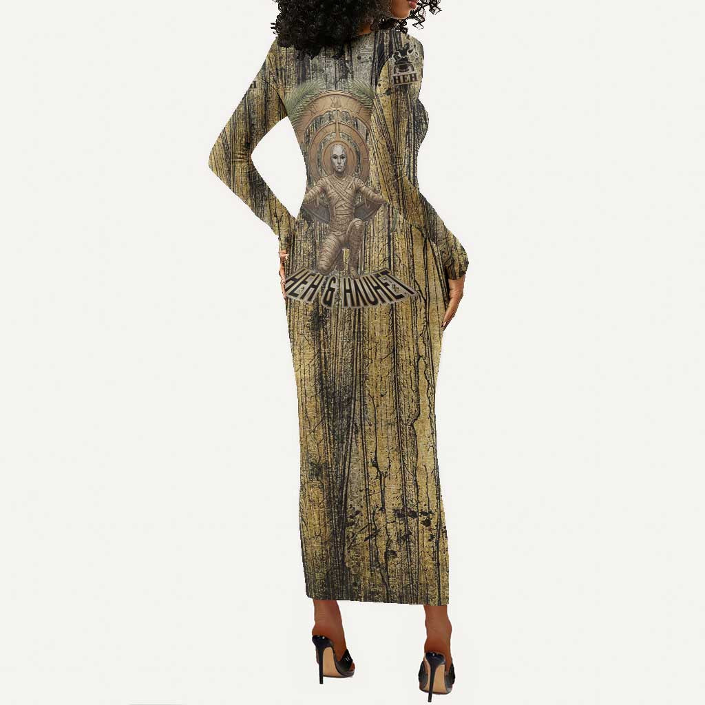 Heh and Hauhet Egyptian Long Sleeve Bodycon Dress Timeless Gods Design Infinity Serpent and Divine Balance Ancient