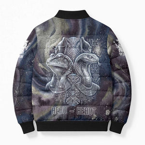 Egyptian Heh and Hauhet Bomber Puffer Jacket Serpent Duo Design Cosmic Infinity and Eternal Balance Motif