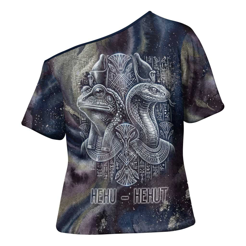 Egyptian Heh and Hauhet Cross Shoulder Shirt Serpent Duo Design Cosmic Infinity and Eternal Balance Motif
