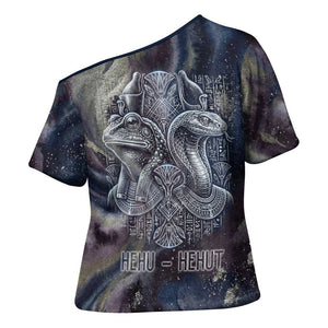 Egyptian Heh and Hauhet Cross Shoulder Shirt Serpent Duo Design Cosmic Infinity and Eternal Balance Motif