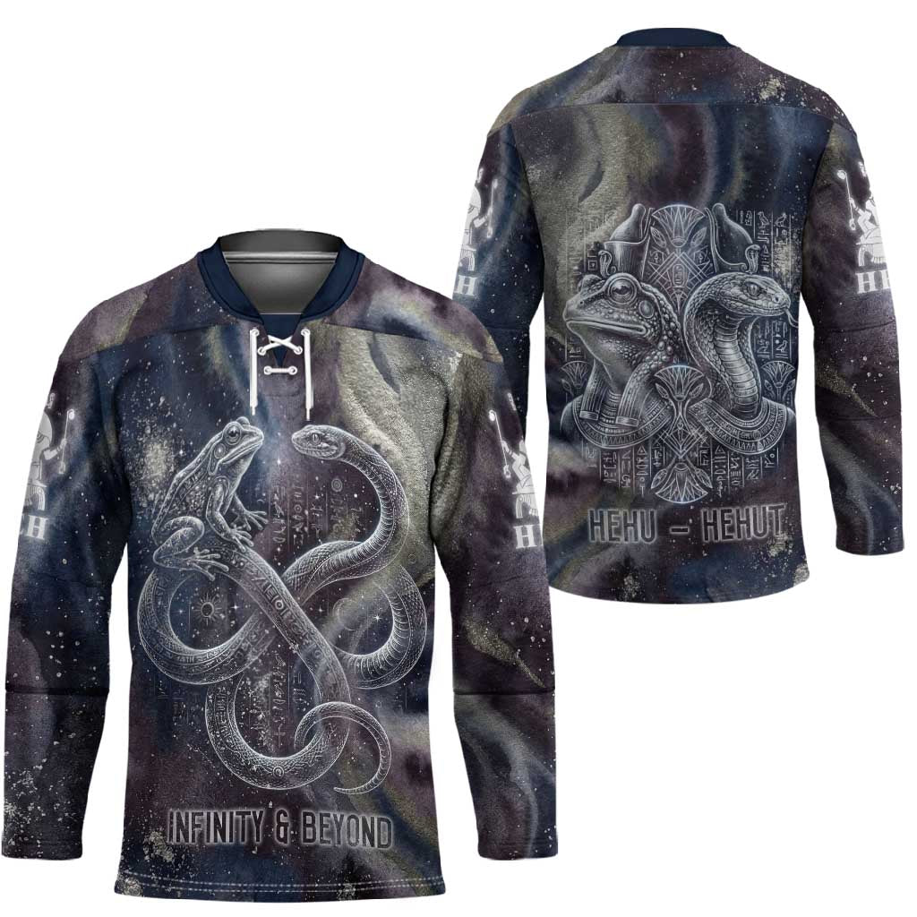 Egyptian Heh and Hauhet Hockey Jersey Serpent Duo Design Cosmic Infinity and Eternal Balance Motif