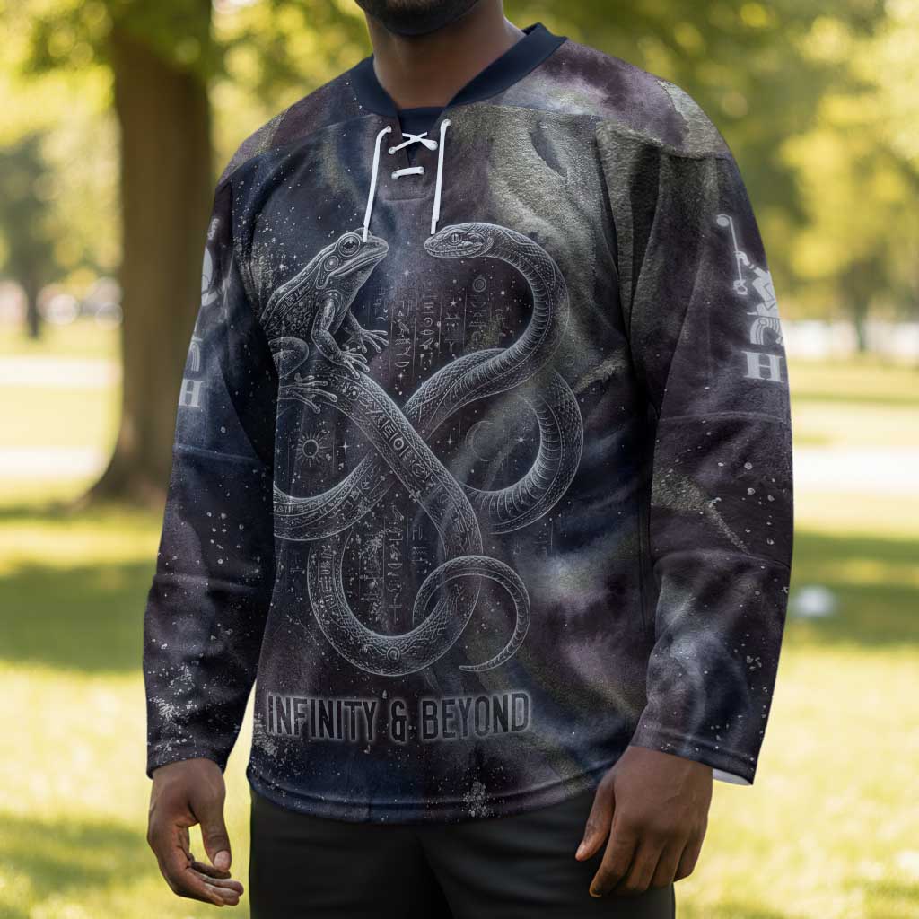 Egyptian Heh and Hauhet Hockey Jersey Serpent Duo Design Cosmic Infinity and Eternal Balance Motif