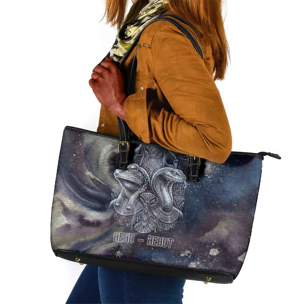 Egyptian Heh and Hauhet Leather Tote Bag Serpent Duo Design Cosmic Infinity and Eternal Balance Motif