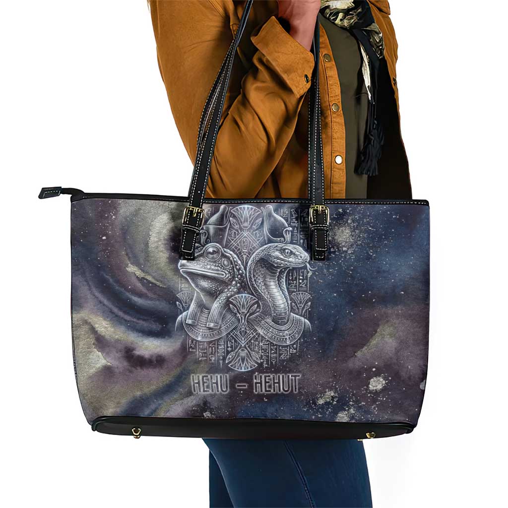 Egyptian Heh and Hauhet Leather Tote Bag Serpent Duo Design Cosmic Infinity and Eternal Balance Motif