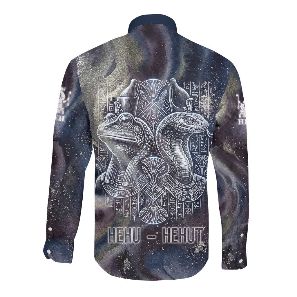 Egyptian Heh and Hauhet Long Sleeve Button Shirt Serpent Duo Design Cosmic Infinity and Eternal Balance Motif