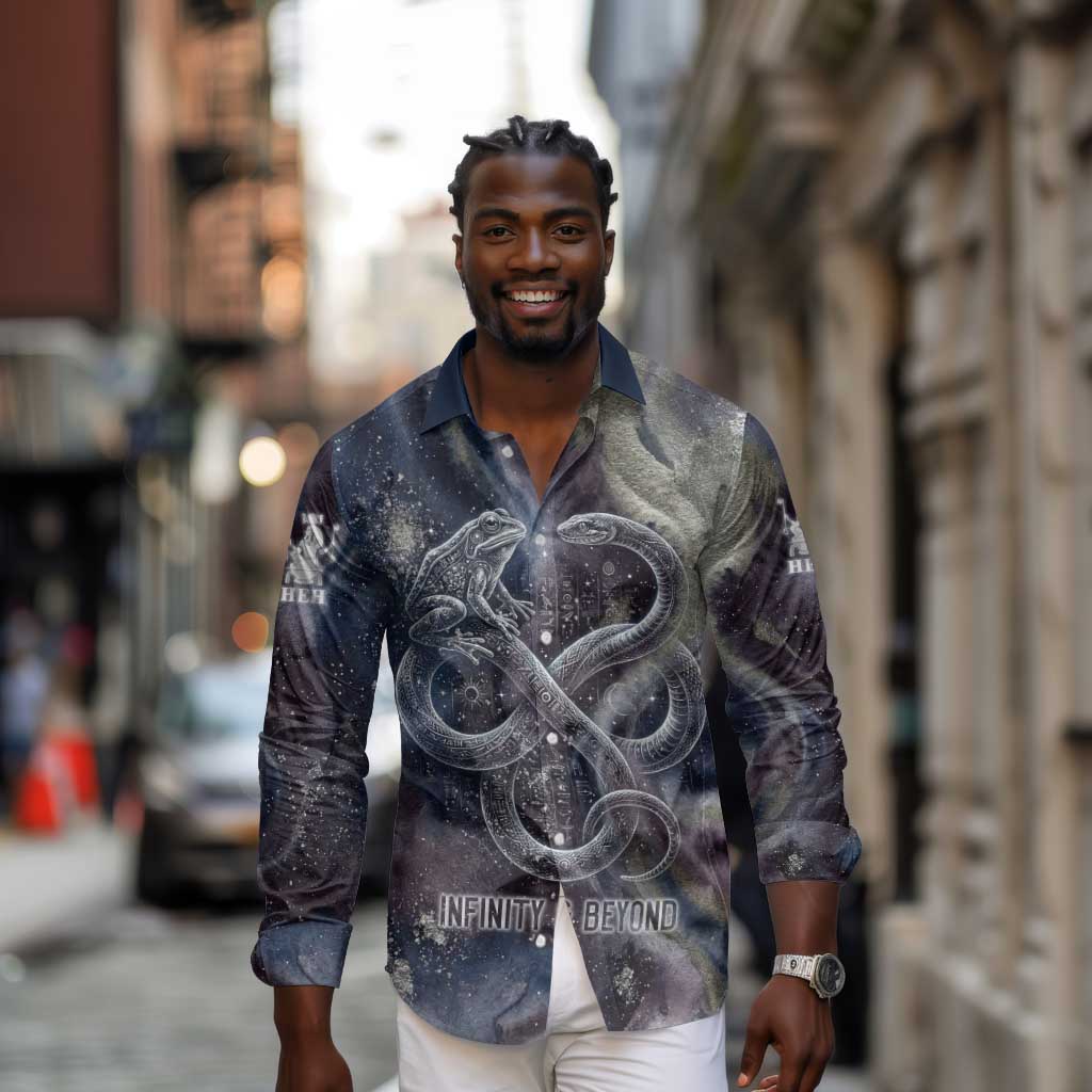Egyptian Heh and Hauhet Long Sleeve Button Shirt Serpent Duo Design Cosmic Infinity and Eternal Balance Motif
