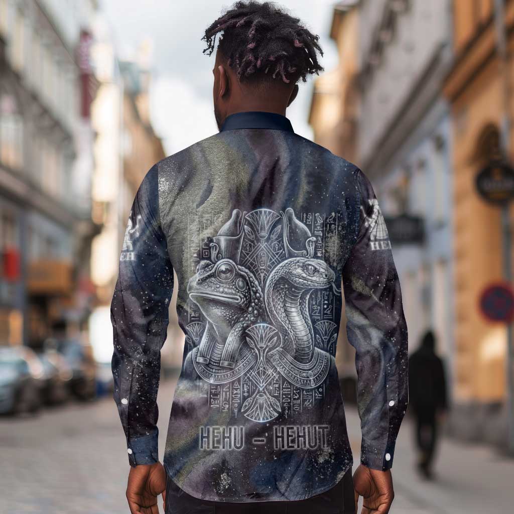Egyptian Heh and Hauhet Long Sleeve Button Shirt Serpent Duo Design Cosmic Infinity and Eternal Balance Motif