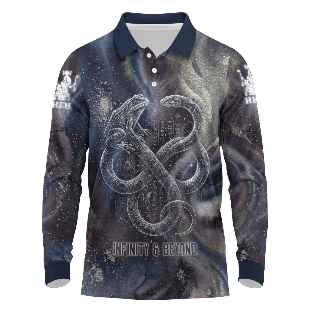 Egyptian Heh and Hauhet Long Sleeve Polo Shirt Serpent Duo Design Cosmic Infinity and Eternal Balance Motif