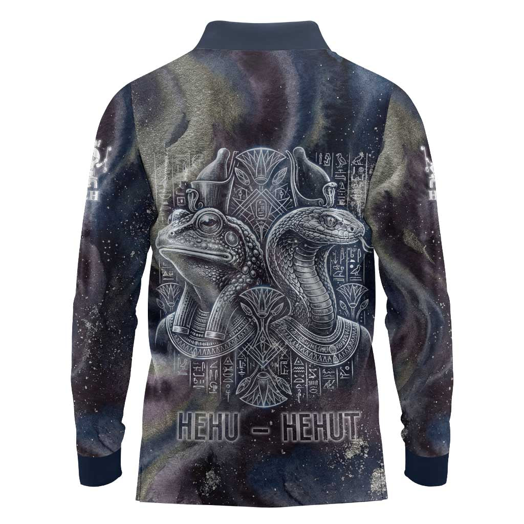 Egyptian Heh and Hauhet Long Sleeve Polo Shirt Serpent Duo Design Cosmic Infinity and Eternal Balance Motif