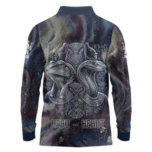 Egyptian Heh and Hauhet Long Sleeve Polo Shirt Serpent Duo Design Cosmic Infinity and Eternal Balance Motif