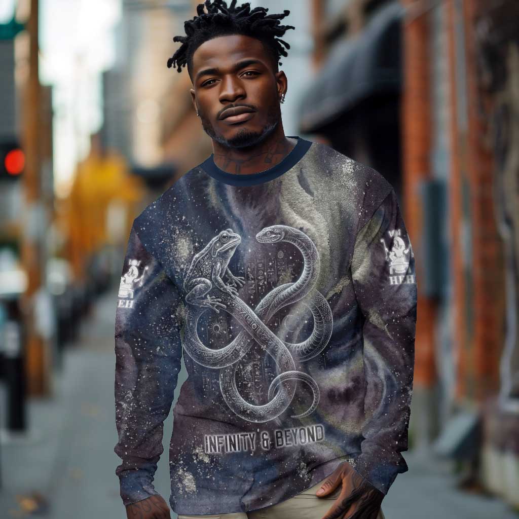 Egyptian Heh and Hauhet Long Sleeve Shirt Serpent Duo Design Cosmic Infinity and Eternal Balance Motif