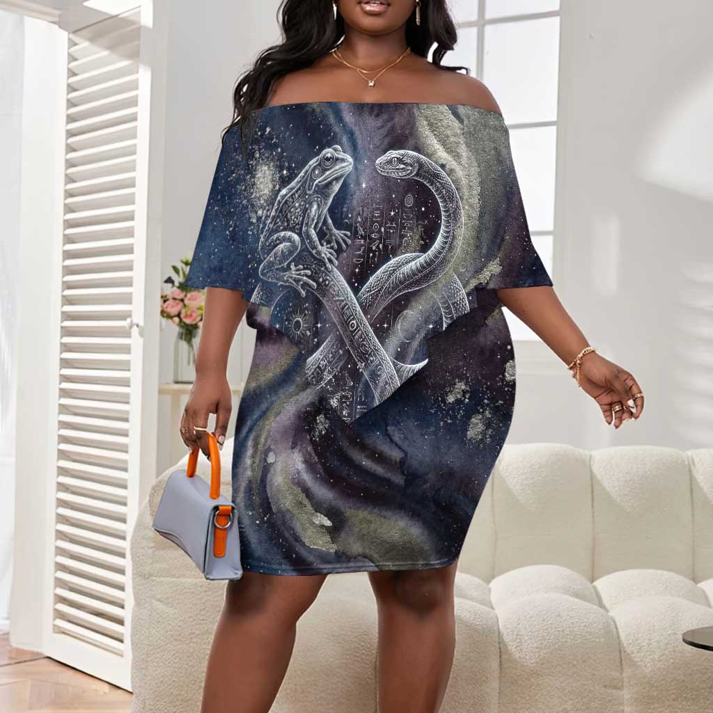 Egyptian Heh and Hauhet Off Shoulder Short Dress Serpent Duo Design Cosmic Infinity and Eternal Balance Motif