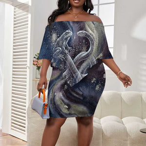 Egyptian Heh and Hauhet Off Shoulder Short Dress Serpent Duo Design Cosmic Infinity and Eternal Balance Motif