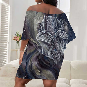 Egyptian Heh and Hauhet Off Shoulder Short Dress Serpent Duo Design Cosmic Infinity and Eternal Balance Motif