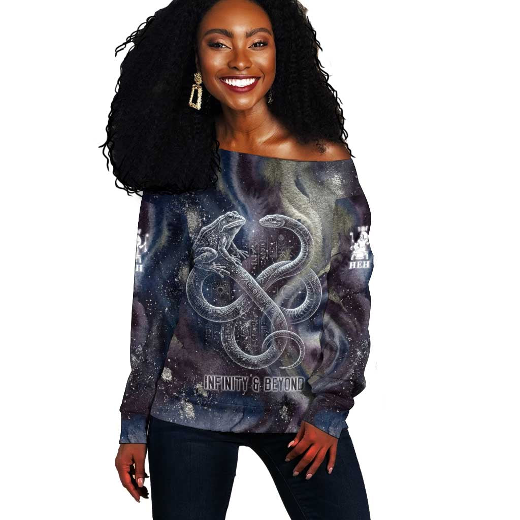 Egyptian Heh and Hauhet Off Shoulder Sweater Serpent Duo Design Cosmic Infinity and Eternal Balance Motif