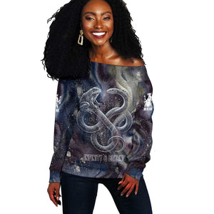 Egyptian Heh and Hauhet Off Shoulder Sweater Serpent Duo Design Cosmic Infinity and Eternal Balance Motif
