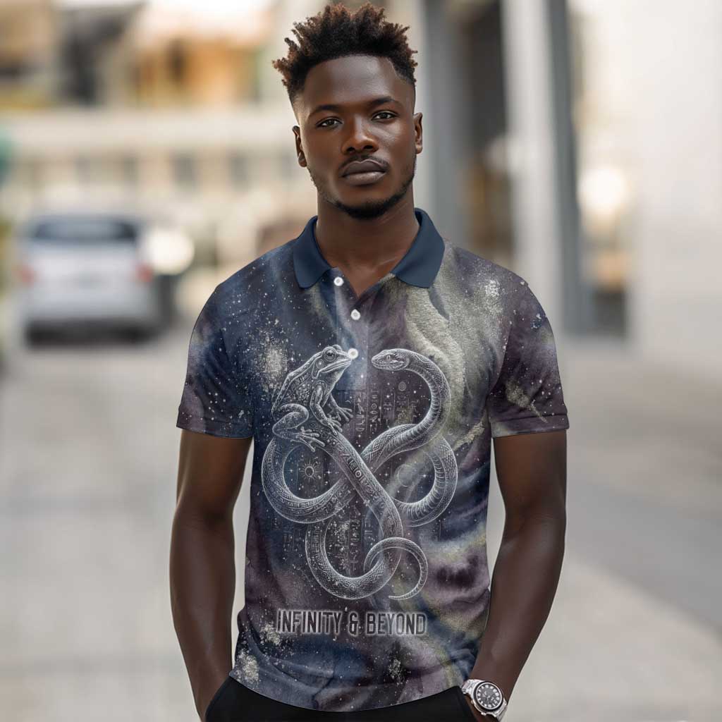 Egyptian Heh and Hauhet Polo Shirt Serpent Duo Design Cosmic Infinity and Eternal Balance Motif