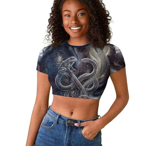 Egyptian Heh and Hauhet Raglan Cropped T shirt Serpent Duo Design Cosmic Infinity and Eternal Balance Motif
