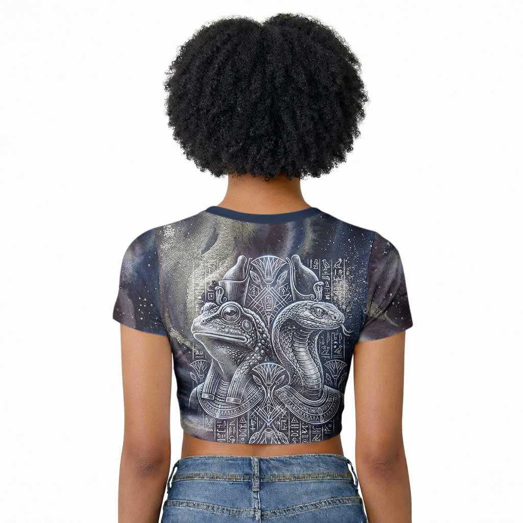Egyptian Heh and Hauhet Raglan Cropped T shirt Serpent Duo Design Cosmic Infinity and Eternal Balance Motif