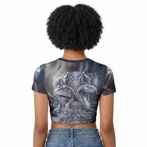 Egyptian Heh and Hauhet Raglan Cropped T shirt Serpent Duo Design Cosmic Infinity and Eternal Balance Motif