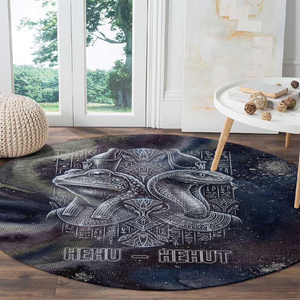 Egyptian Heh and Hauhet Round Carpet Serpent Duo Design Cosmic Infinity and Eternal Balance Motif