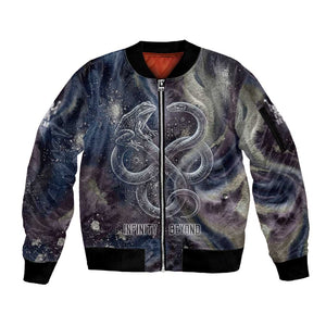 Egyptian Heh and Hauhet Sleeve Zip Bomber Jacket Serpent Duo Design Cosmic Infinity and Eternal Balance Motif
