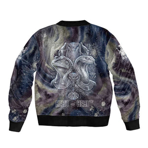 Egyptian Heh and Hauhet Sleeve Zip Bomber Jacket Serpent Duo Design Cosmic Infinity and Eternal Balance Motif